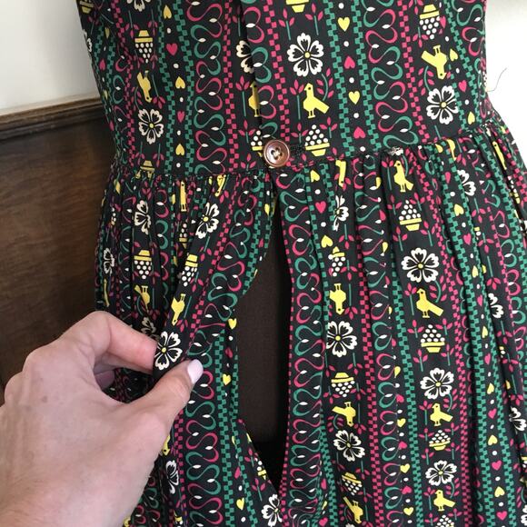 Vintage Scandinavian Bird Print Dress, Dark Cottagecore Puff Sleeve Dress, Sz M - Picture 9 of 10